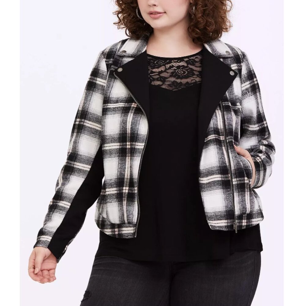 Torrid Women's Black and White Plaid Wool Blend Flannel Moto Jacket Size 4X